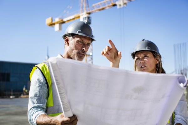 construction crew discussing over blueprint